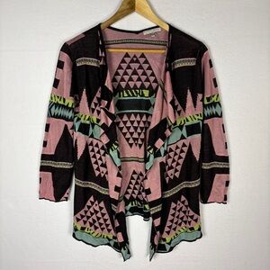 Alberto Makali Southwestern Tribal Knit Pink Black Open Cardigan Sweater